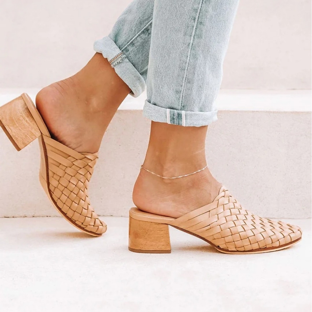 Liberte Leather Woven Block Heel Mules